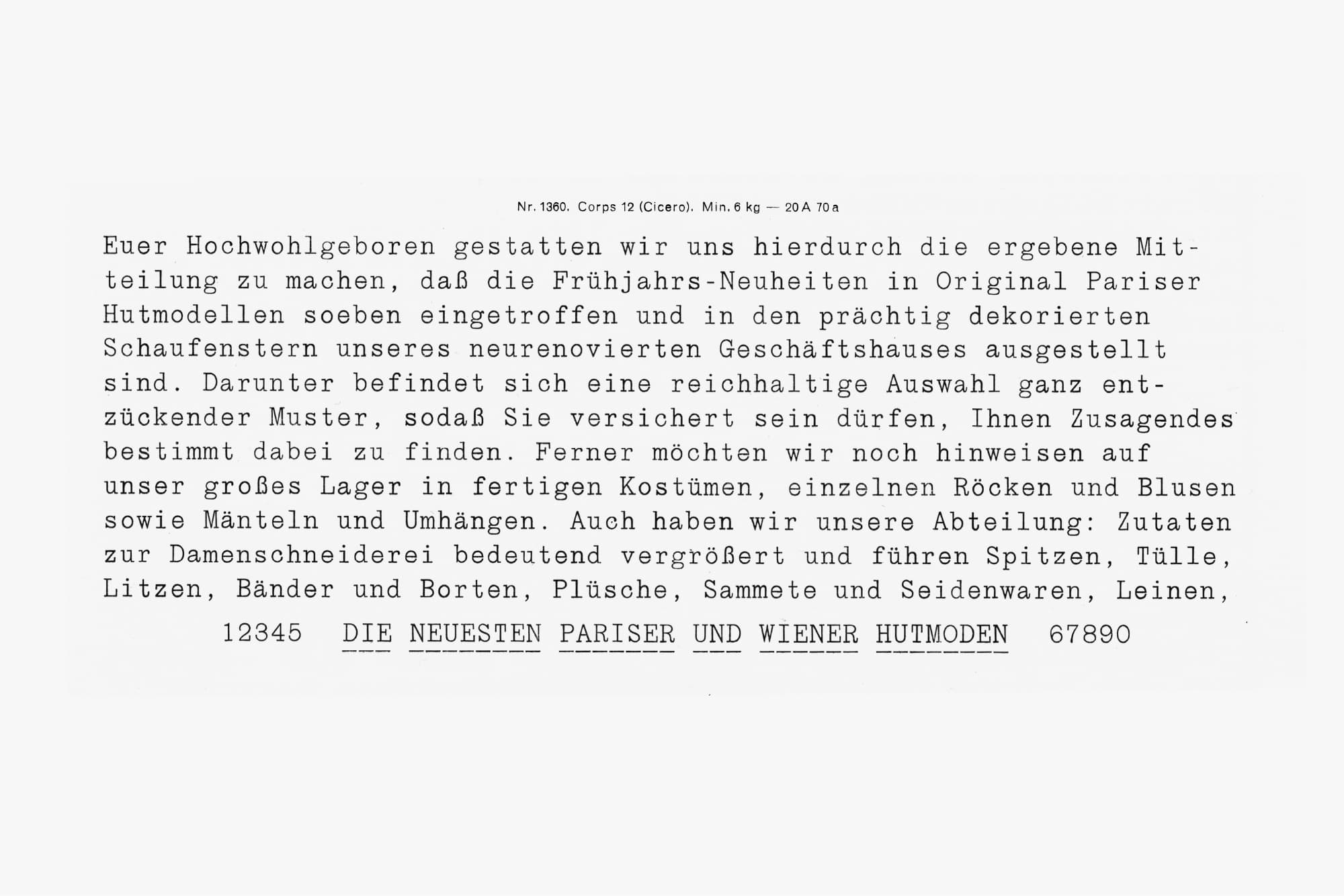 Bauerschen Giesserei Hauptprobe, Schreibmaschinenschrift Nr. 1360, 1907. Private Collection, Berlin. Page 132.