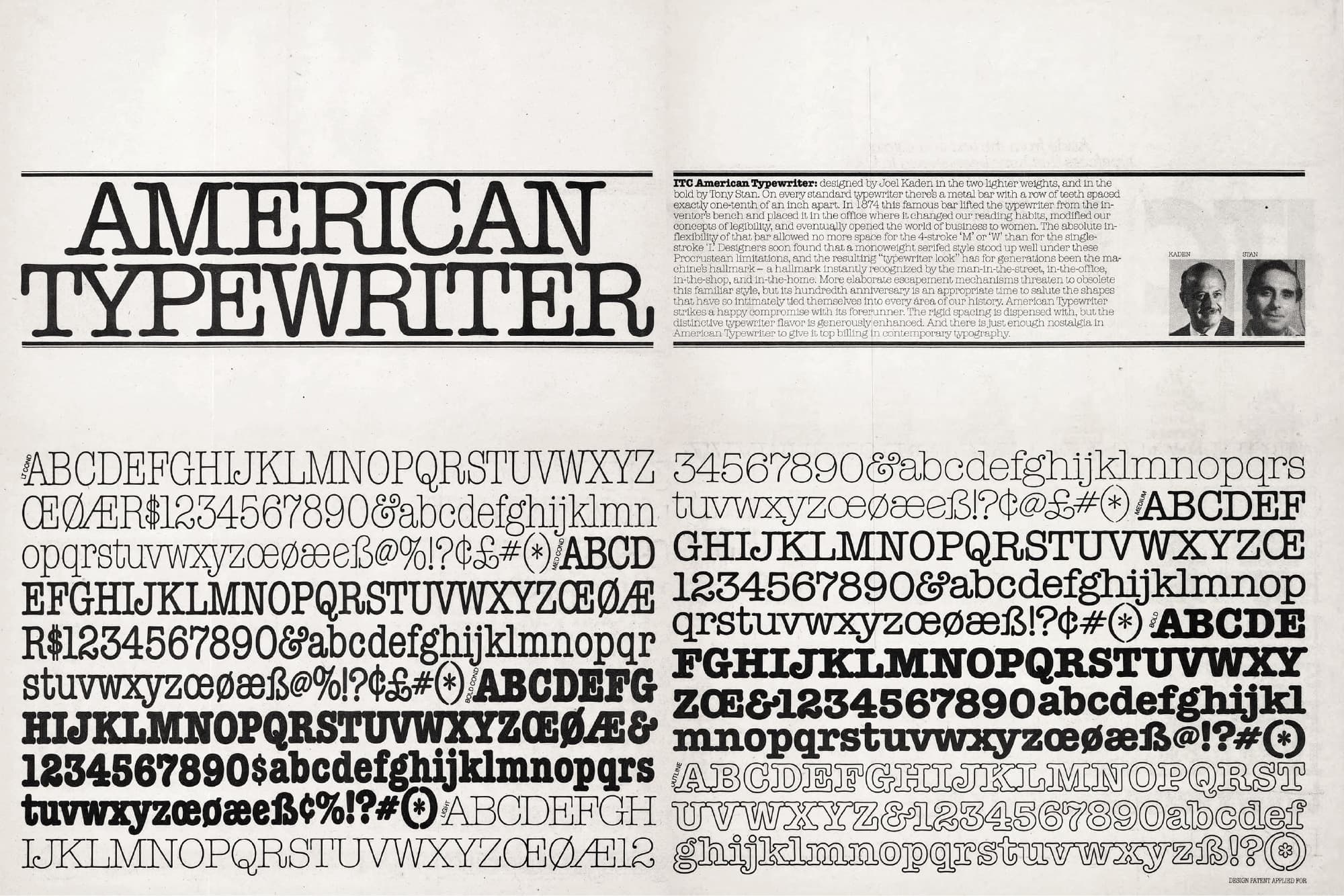 Joel Kaden, Tony Stan, ITC American Typewriter, 1974. U&lc Vol. 1, No. 3.,p. 28–29.