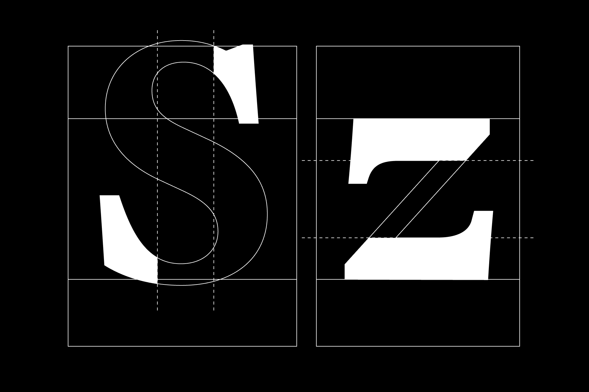 The ‘S’ blends an old-style classical form with a simplified, modern tail, while the reversed ‘z’ defines the typeface’s DNA.