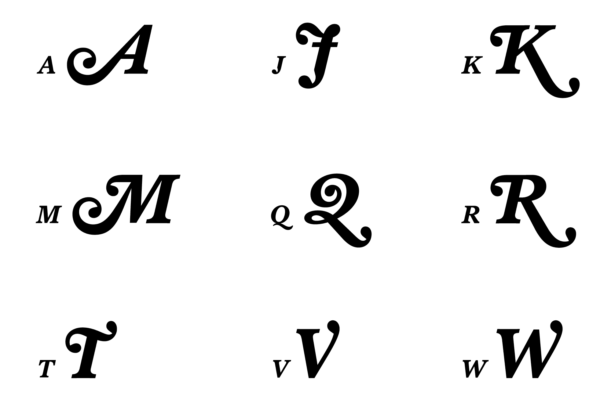 Swash variations of A, J, K, M, Q, R, T, V, and W were drawn for general and initial use inspired by Baskerville Flair.