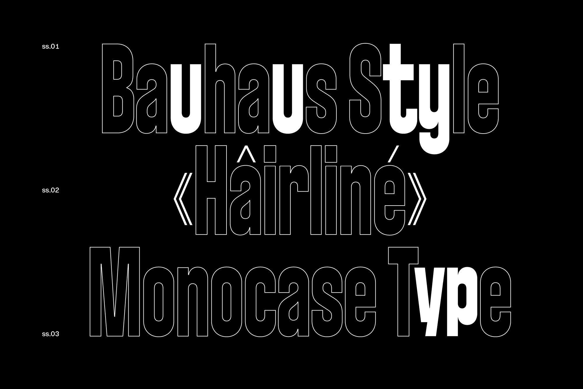 An overview of the OpenType functions: The “Bauhaus Style (ss01)” includes modernist letterforms. The “Hairline Style (ss02)” offers linear accents and punctuation. The “Monocase (ss03)” set cut descenders to enable the setting in tight line height.