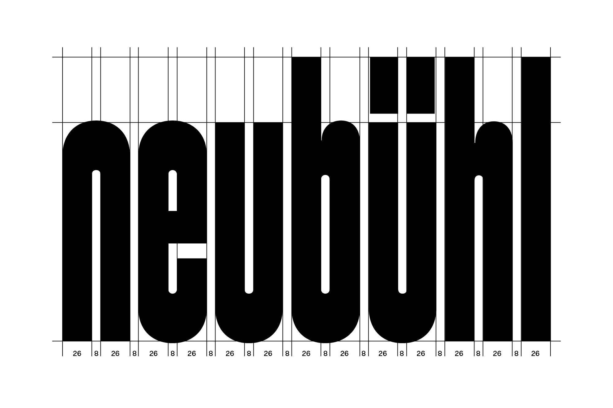The spacing of the Super Compressed weight is systematically aligned with the inner spaces of the letters. In the more extended weights, the spacing is optically balanced.