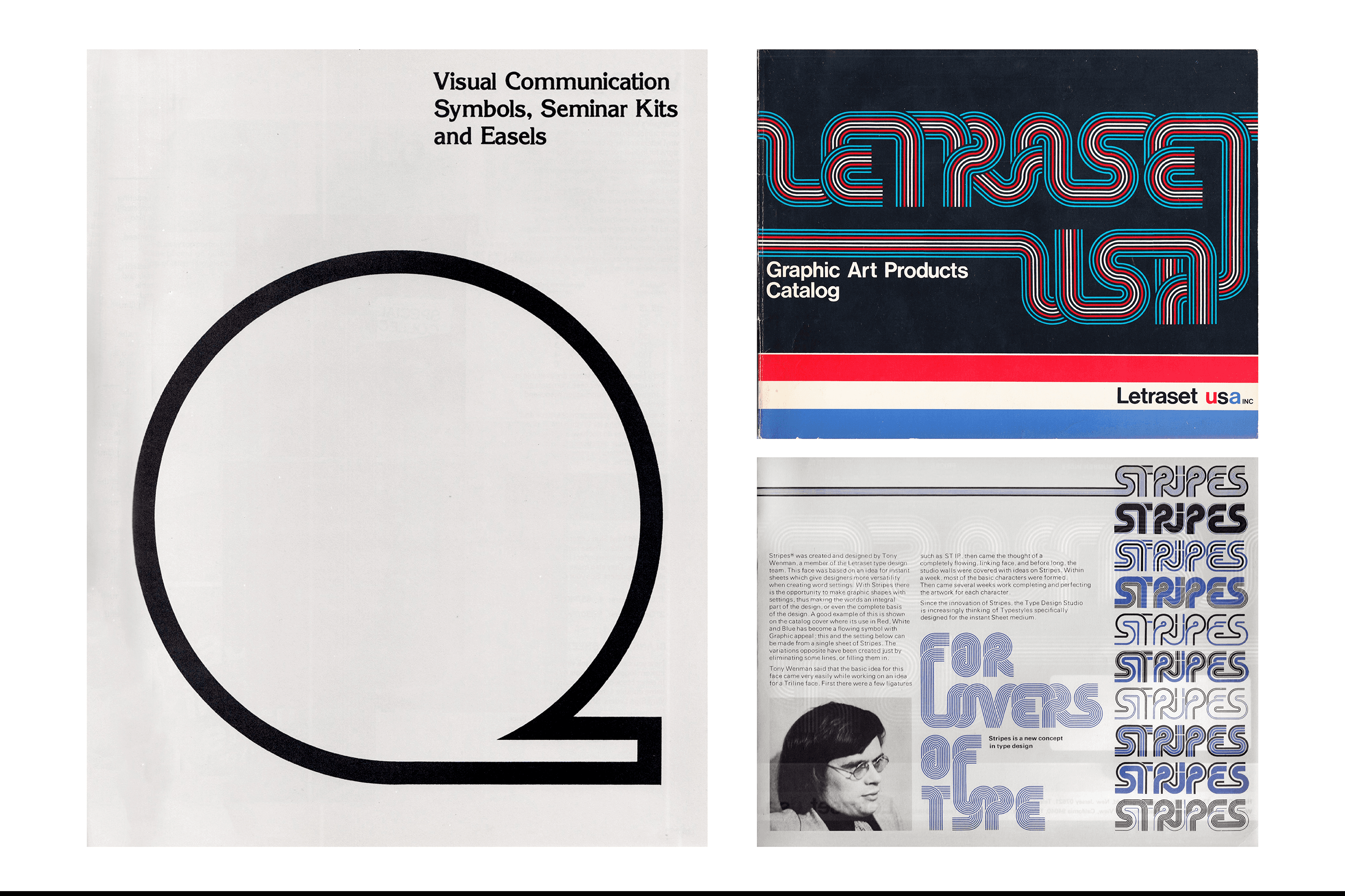 Inner page of Chartpak Graphic Products Catalog, 1976, and front cover and inner spread of Letraset, Graphic Art Products Catalog, 1973.Inspired by the early era of dry transfer lettering, prototype versions of Logistik were drawn with multiple in-lines.