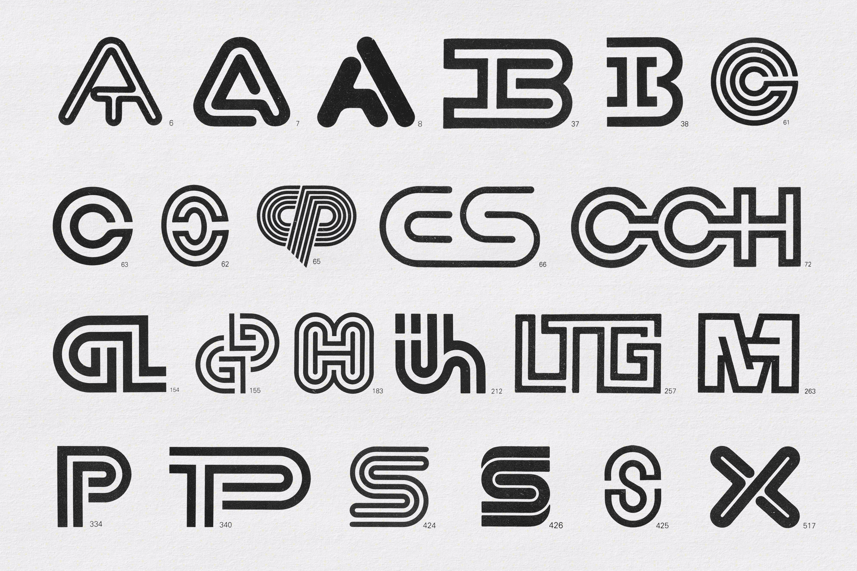 A collection of intersecting and interconnecting symbols from Erhardt D. Stiebner and Dieter Urban, Signs and Emblems: A Collection of International Examples, 1992, that inspired the ligatures and duplexing weights throughout Logistik. 