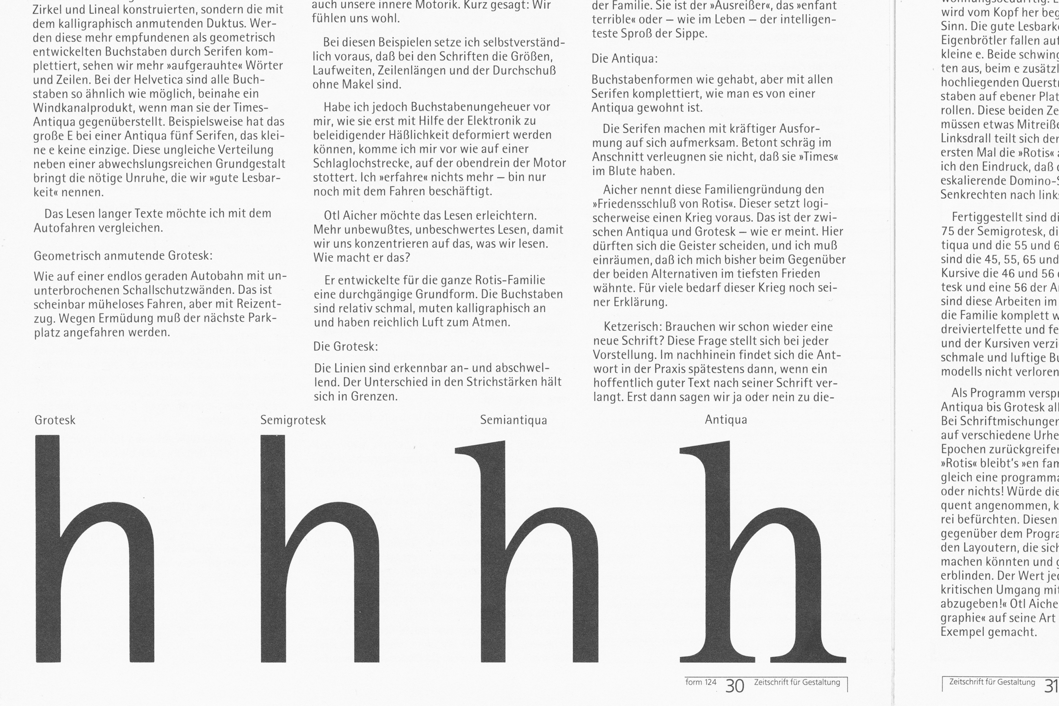 Typography article on the release of Otl Aicher’s Rotis by Klaus Winterhager in form Design Magazine N°124, p. 30 (1988)