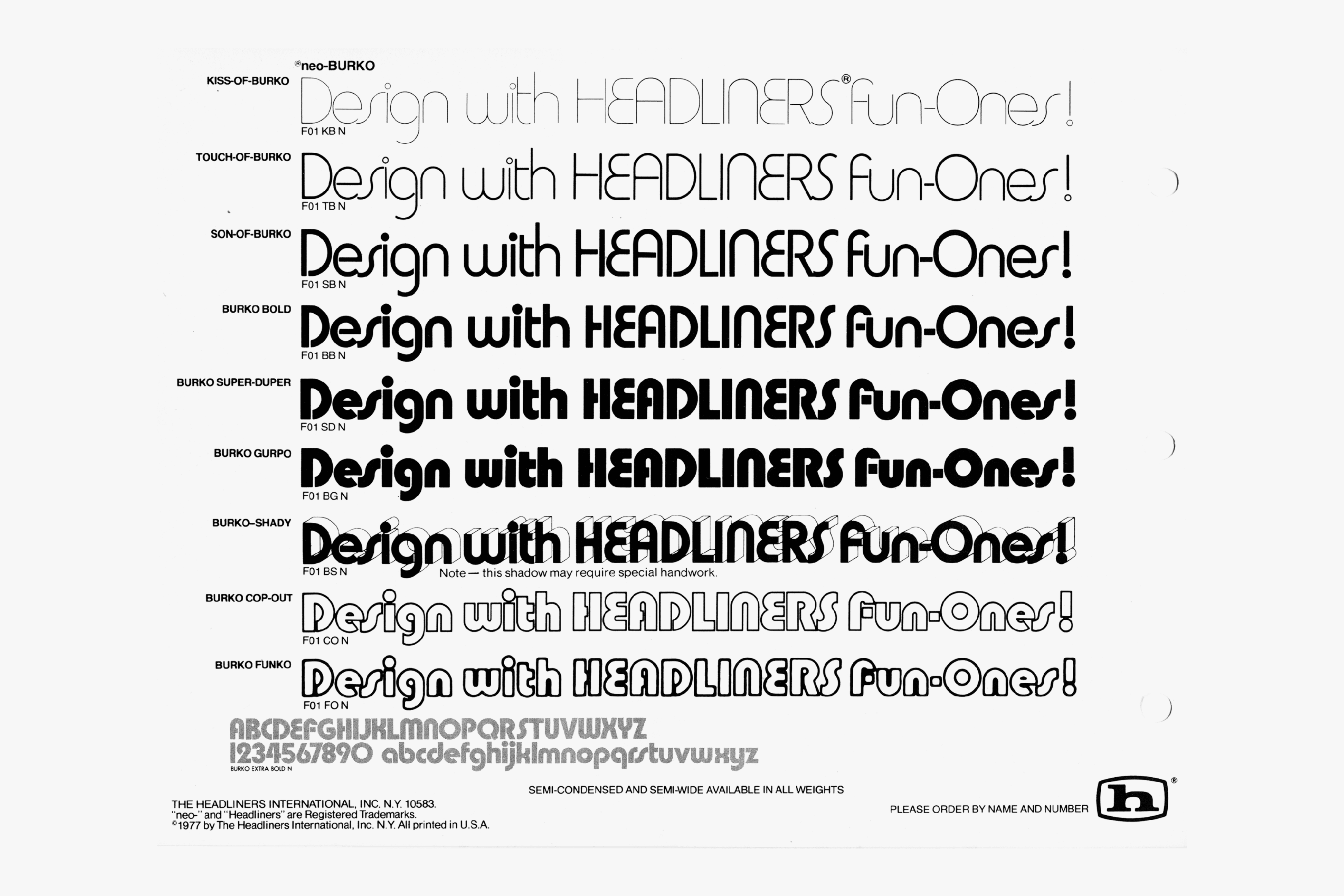 Page from the catalogue Headliners neo-phototype(s) showing Burko by David L. Burke. Published by The Headliners international, 1977. Image courtesy Stephen Coles, flickr.com/photos/stewf/15345389210/in/album-72157648741096462/